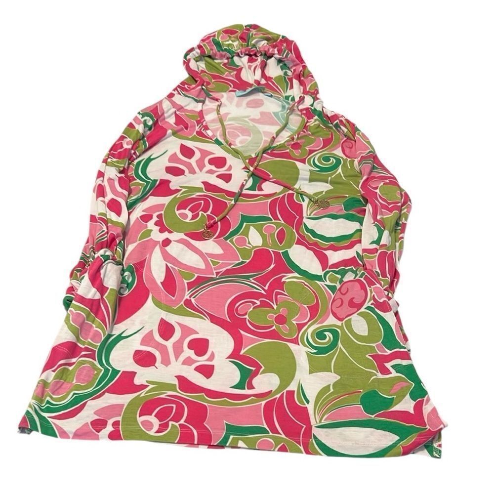 Beach Candie szS pink green white print drawstring hoodie with pockets EUC